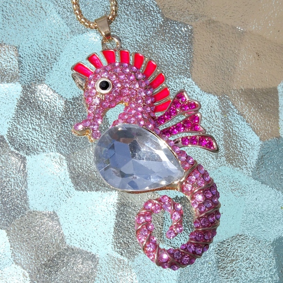 Pink Rhinestone Jewel Seahorse Summer Beach Ocean Statement Necklace - Picture 8 of 8
